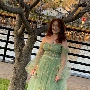 Green Floral Off Shoulder Cottagecore Formal / Prom Dress